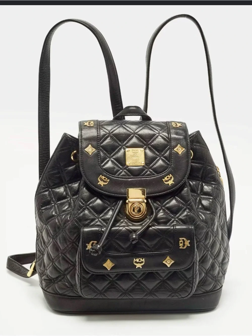 MCM Black Quilted Leather Mini Backpack with Gold Accents
